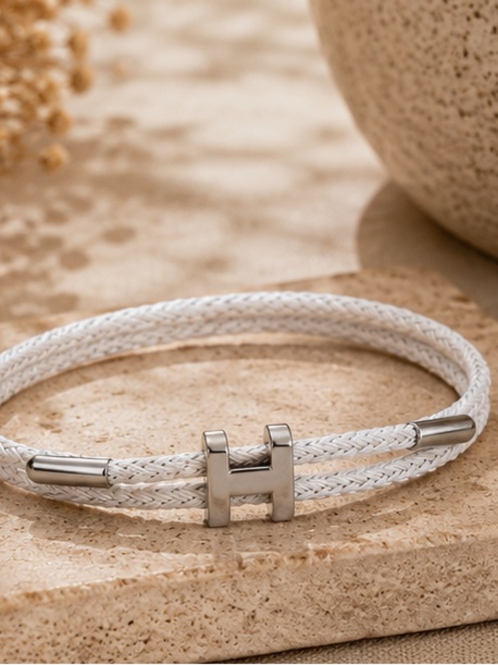 White Braided H Cable Bracelet – Silver Tone | Minimalist Designer Inspired